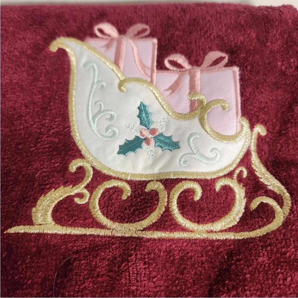 VTG Revere Mills Cotton Towel And Hand Towel Red Wine Sliegh Pink Presents EUC